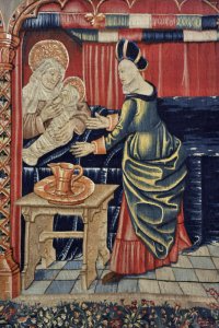 La naissance de la Vierge, "Tentures de la Vie de la Vierge" (achevées en 1500) de la collegiale Notre-Dame de Beaune (21), France.
