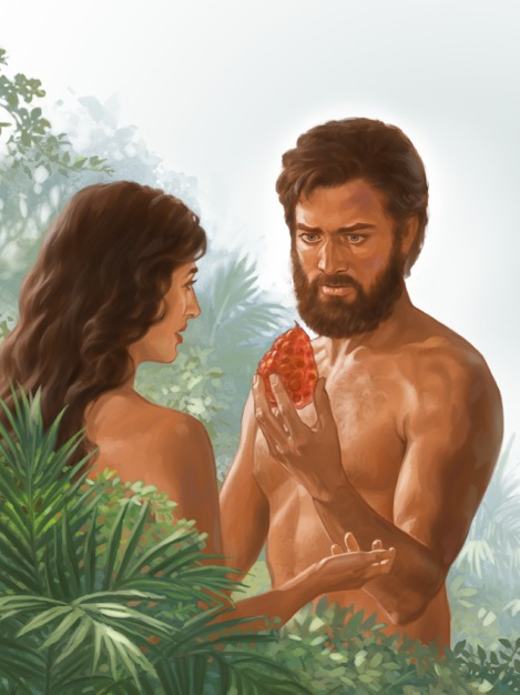 Adán tiene en su mano la fruta prohibida que Eva le da