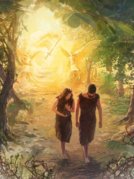 Adán y Eva salen del jardín de Edén, y unos ángeles y una espada de fuego protegen la entrada